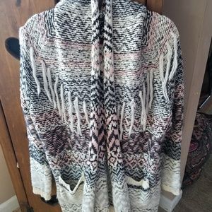 Pink white and black cardigan w/ pockets and hood
